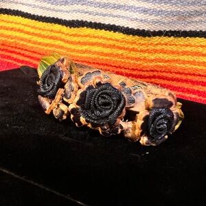 Black Rose Dahlia Ribbons in Green and Brown Petal Accents Real Leather Bracelet